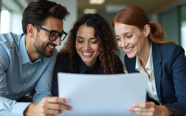 Diverse business team collaborating on project using laptop and documents in modern office. High quality