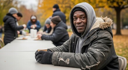Homeless people. African American man in worn winter coat sits at outdoor table, enjoying warm beverage, surrounded by others receiving food, highlighting community support for homeless individuals