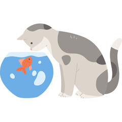 Gray and white cat curiously observes a small orange fish in a round glass bowl filled with blue water on a transparent background