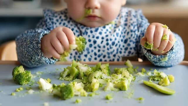 Little Explorer's Broccoli Adventure: A curious infant explores the textures and tastes of broccoli during mealtime, embracing the mess and the moment.