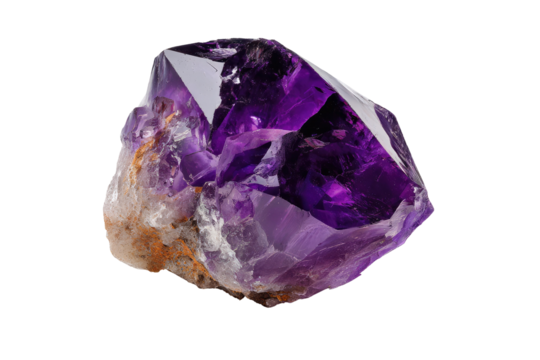 A large, raw crystal formation exhibiting deep purple hues, with natural mineral structure