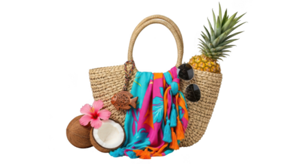 Woven beach bag filled with colorful sarong pineapple coconut and sunglasses isolated on transparent background