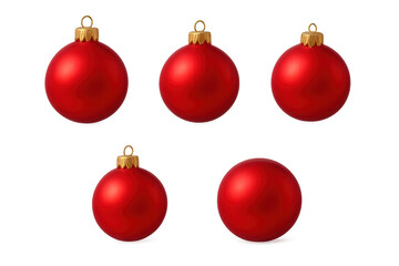 Five glossy red Christmas ornaments with gold caps on transparent background