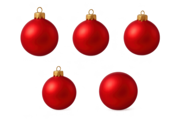 Five glossy red Christmas ornaments with gold caps on transparent background