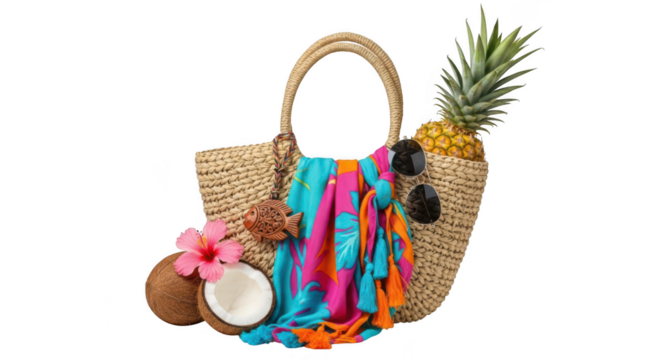 Woven beach bag filled with colorful sarong pineapple coconut and sunglasses isolated on transparent background