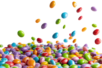 Colorful coated candies cascade from above, forming a vibrant pile on a black backdrop
