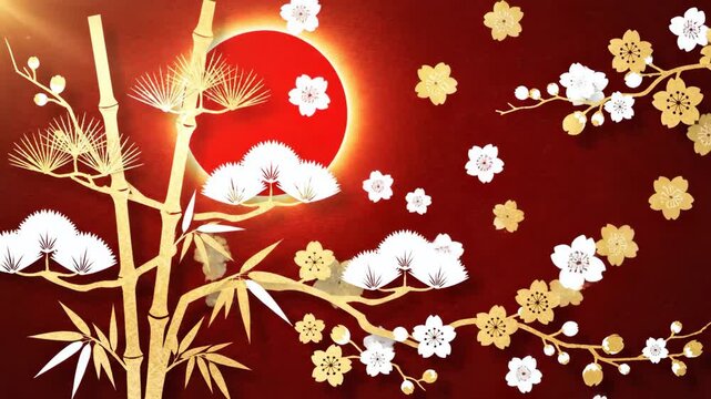 New Year animation with plum blossoms falling over a red and gold Japanese pattern background