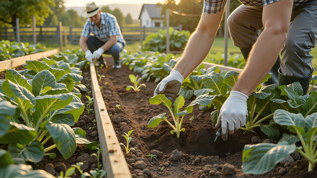 Gardeners tending rows of leafy green vegetables in a sunny organic farm setting