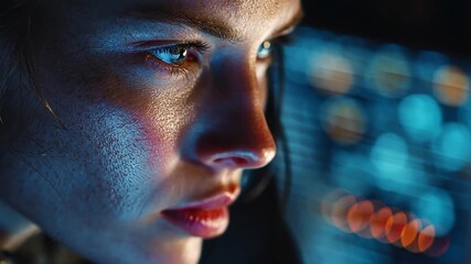 Intense Focus and Resolve: A close-up portrait of a determined individual's face, bathed in the cool light of digital screens, conveying concentration and grit.