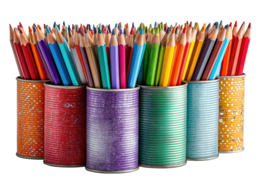 Collection of colorful pencils standing in recycled tin cans