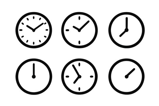 Six simple black clock faces displaying different times for minimalist clock collection