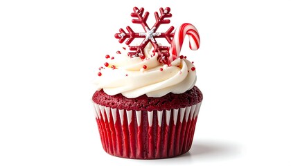 Festive cupcake, red velvet cake, with white frosting, a red snowflake, candy cane, and sprinkles on white background
