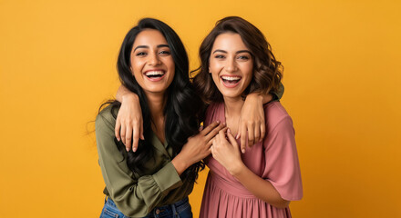 Joyful Indian women friends embracing, smiling happily against vibrant yellow background.