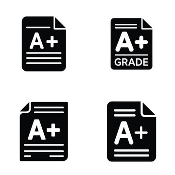 Four black icons of paper with A plus grade and lines symbol education