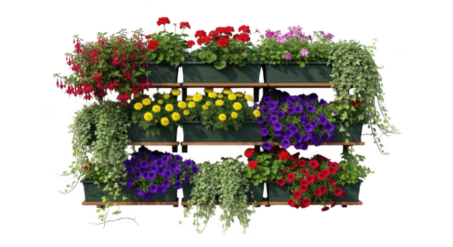 Vibrant assortment of blooming flowers in a vertical garden display isolated on transparent background