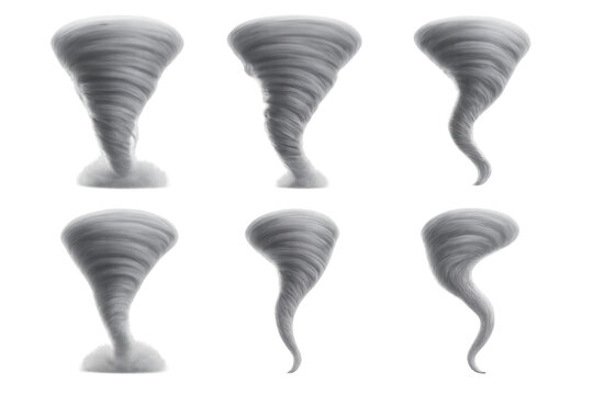 Six gray funnel-shaped spirals resembling tornadoes arranged in two rows