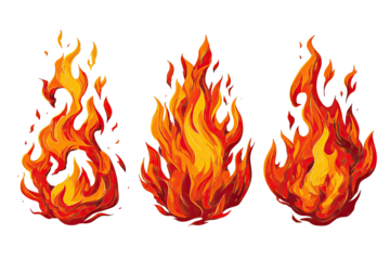 Three stylized flames depicted in vibrant hues of red, orange, and yellow against black
