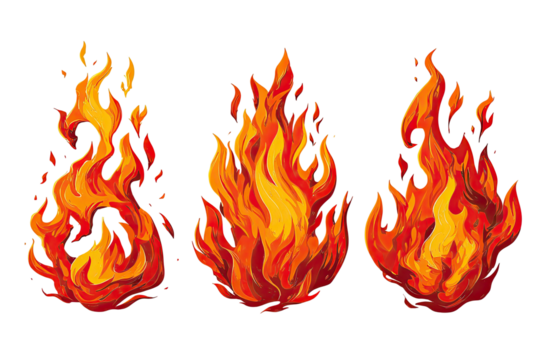 Three stylized flames depicted in vibrant hues of red, orange, and yellow against black