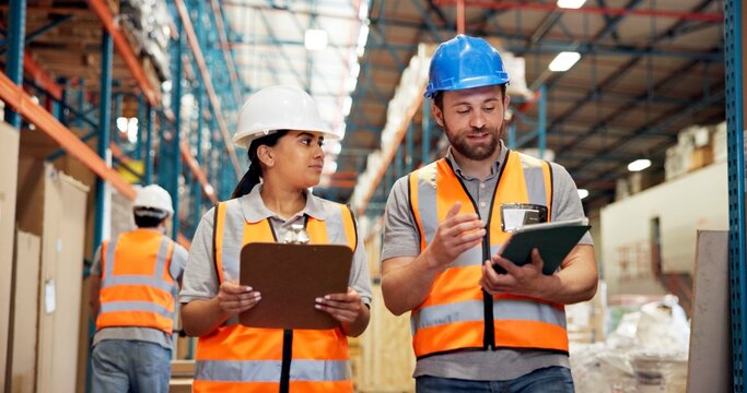 Clipboard, warehouse and people on tablet for supply chain, delivery schedule and inventory checklist. Distribution, teamwork and workers on digital tech for online logistics, inspection and shipping