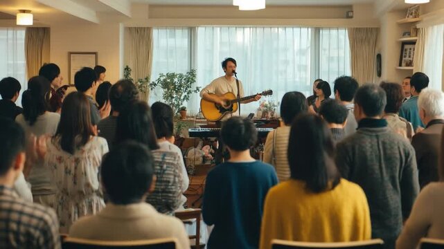 Harmony in Serenade: An inspiring singer captivates a captivated audience with an acoustic guitar serenade in a warm, welcoming interior setting. Evoking feelings of togetherness.