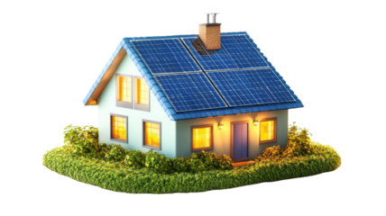 Sustainable solar panel home with innovative eco friendly architecture and modern energy efficient house lighting at night isolated on white background