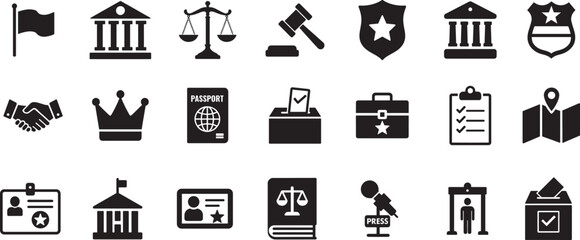   Government authority icons in bold vector silhouette style. Ideal for law, office, and power concepts.