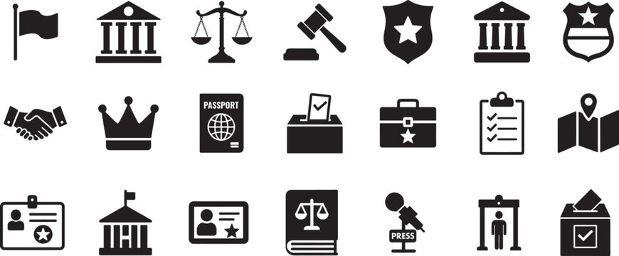   Government authority icons in bold vector silhouette style. Ideal for law, office, and power concepts.