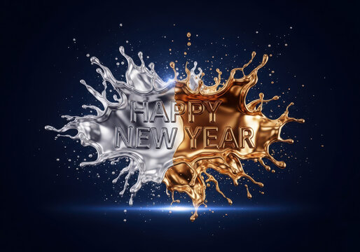 Happy new year message with metallic silver and gold liquid splash, festive celebration.