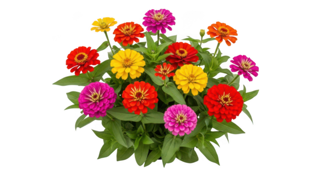 Vibrant bouquet of colorful zinnia flowers with green leaves isolated on transparent background
