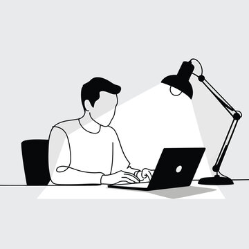 Man Working on Laptop Under Desk Lamp kbomqt13lea ute6ct