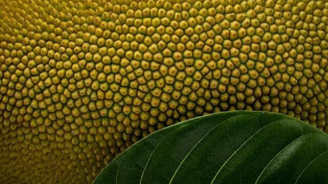 Closeup of a jackfruit with a bumpy textured surface partially obscured by a dark green leaf