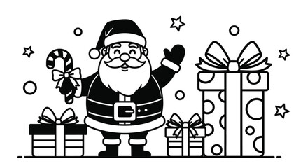 Jolly Santa Claus with gifts and candy cane brings Christmas cheer