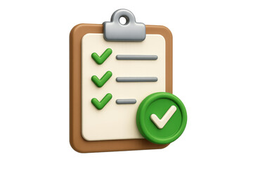 3D checklist with green checkmarks and circular green confirmation symbol represents successful task completion. This visual conveys organization and productivity in business context