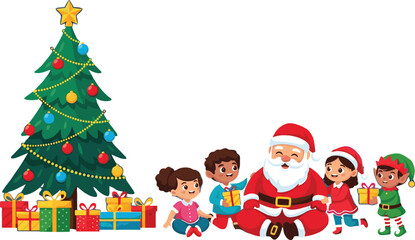 Christmas celebration, Santa Claus, children with gifts, decorated tree, festive holiday, winter clothing, elf character, joyful moment, seasonal scene, happy gathering