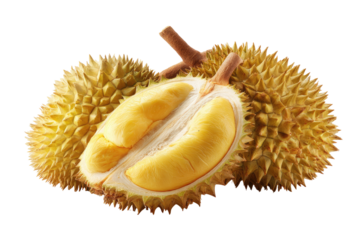 Close-up of spiky, yellow fruit; one cut open, showcasing creamy flesh on a black background