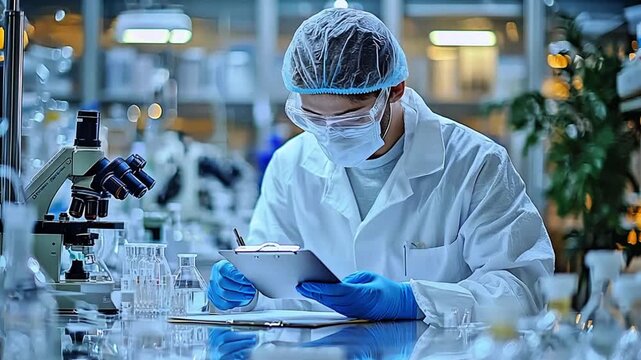 Focused scientist in protective gear reviews crucial data on a clipboard in a modern laboratory setting during medical research and development. - Powered by Adobe