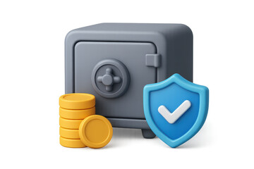 3D illustration of secure safe with gold coins stacked beside it and blue shield symbolizing protection. This conveys trust and security in financial matters