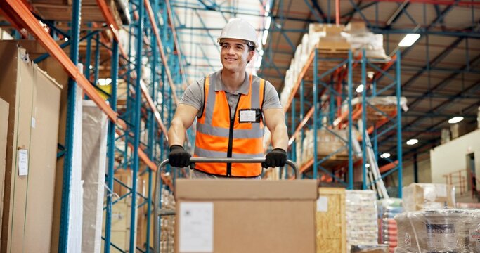 Logistics, trolley and man in warehouse with package, shipment prep or inventory management in delivery. Distribution, ppe and loader in depot with box, dropshipping or export control in supply chain
