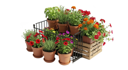 Vibrant assortment of potted flowers and herbs arranged on a display stand isolated on transparent background