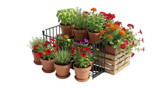 Vibrant assortment of potted flowers and herbs arranged on a display stand isolated on transparent background