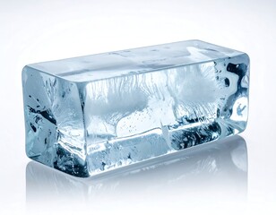A translucent, rectangular ice block casting a soft reflection on a bright white surface. Its icy interior has interesting formations