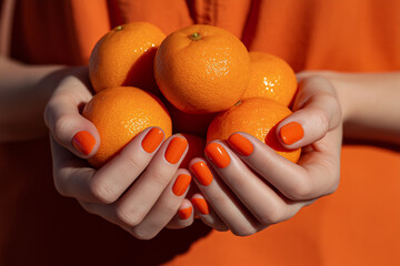 Women's hands with orange manicure hold a handful of fresh tangerines
