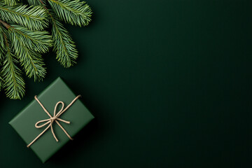 Top view of green gift box and fir branch on dark background with copy space
