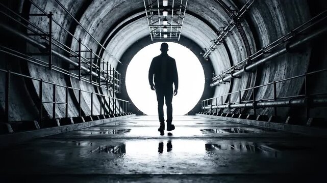 Lone figure walks down industrial tunnel towards bright light circle, silhouette