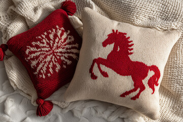 Top view of decorative knitted pillows in white with embroidery of a red horse and red with a white pattern

