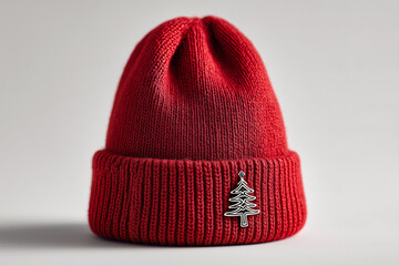 Red knitted beanie hat with a decorative Christmas tree icon

