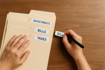 Labeling file folders with tags on wooden surface creates organized workspace. hands are focused on categorizing important documents, emphasizing productivity and attention to detail
