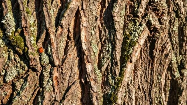 Closeup of tree bark covered in moss and lichens featuring a small red ladybug