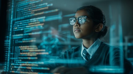Young girl focusing on digital code reflecting on her glasses, learning programming for future technology