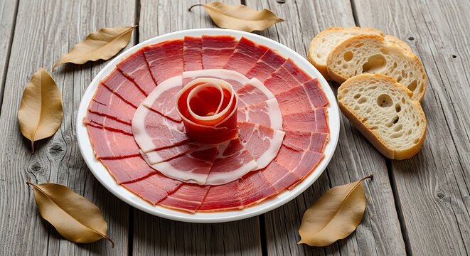 Thinly Sliced Cured Ham Served With Fresh Bread And Autumn Leaves